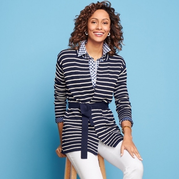 Talbots Supersoft Cashmere Belted Striped Sweater Cardigan Medium Nwt - Picture 1 of 10